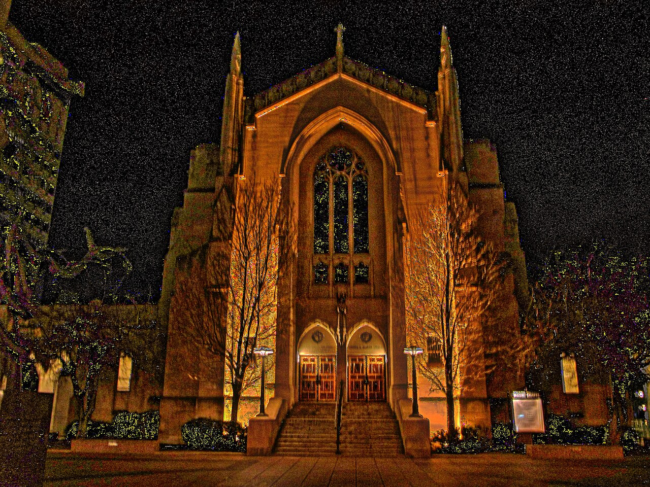 Boston University’s illuminated Marsh Chapel at night